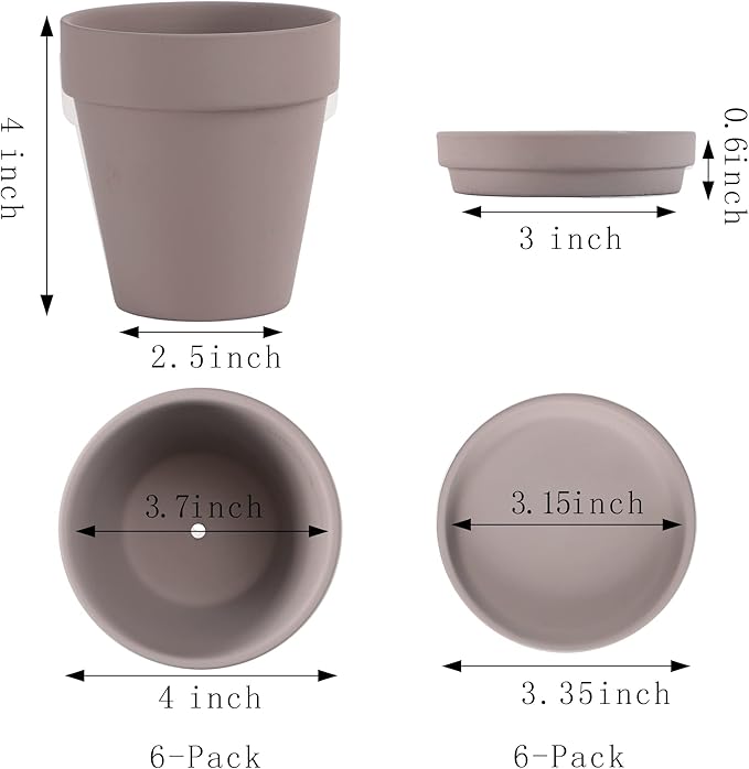 Fcacti 4 Inches Small Grey Terracotta Pots with Saucer, 6 Pack 4" Terra Cotta Planter with Drainage Holes, Small Clay Flower Pots for Plants, Succulents, Crafts, Wedding Favor