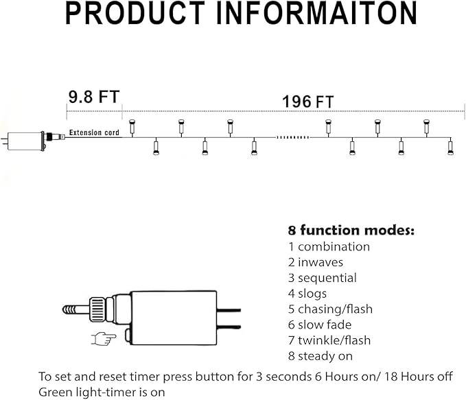 Dazzle Bright Christmas String Lights, 600 LED 196 FT Waterproof Green Wire String Lights with 8 Lighting Modes Timer, Christmas Decoration Outdoor for Party Yard Garden Xmas Tree Decor, Multi-colored