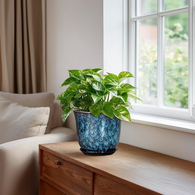 5.6 Inch Plant Pot - Ceramic Pots for Plants with Drainage Hole and Saucer, Round Succulent Flower Orchid Pot for Indoor Outdoor, Modern Planter, Home Room Decor, Gift for Plant Lover, Blue