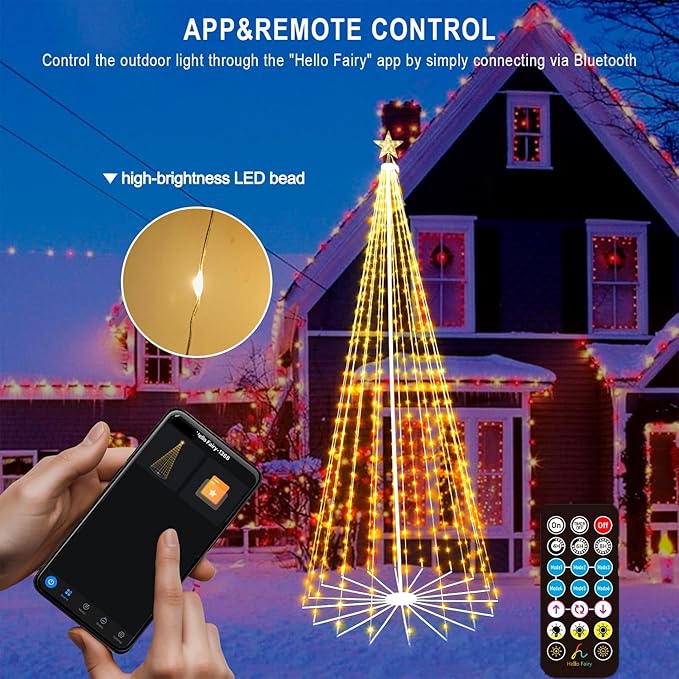 8FT 372LEDS Outdoor Christmas Tree Lights, Smart Cone Tall Pop Up with Star, Timer, Waterproof, APP & Remote, Music Sync, Multicolor/WarmWhite, Outside Xmas Yard Porch Decor