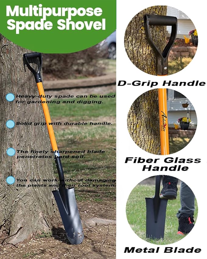 Ashman Drain Spade Shovel (2 Pack) - 48 Inches Long Handle Spade with D Handle Grip - Durable Handle with a Thick Metal Blade - Multipurpose Premium Quality Orange Shovel.
