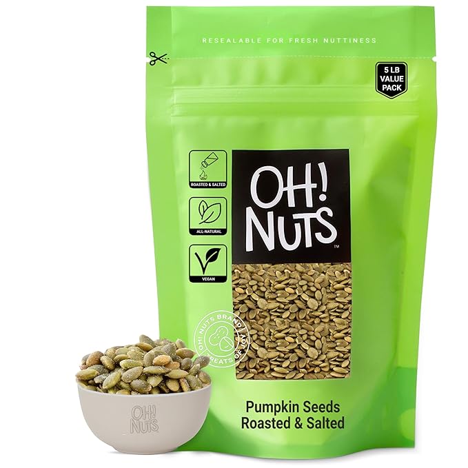 Oh! Nuts Pumpkin Seed Roasted & Salted - 5 lb Bulk Bag - No Shell Pumpkin Seeds - Roasted Seeds - Pepitas Snack Packed Fresh