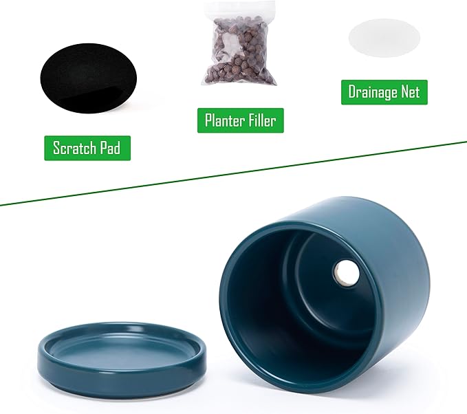 D'vine Dev Set of 3 Plants Pots, 3.5 Inch Ceramic Planter Pot for Plants with Drainage Hole and Saucer, Teal, 94-N-A-9