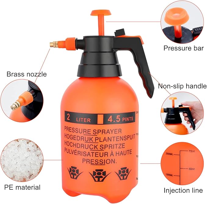68oz Garden Pump Sprayer, 2L Hand Pressure Sprayer Bottle, 0.5 Gal Lawn Adjustable Sprayer for Plant Mister Spraying Weeds Home Cleaning Watering (Orange)