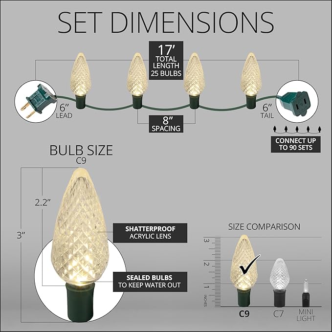 Wintergreen Lighting 25 C9 Warm White LED Christmas Lights, 17 Ft – Indoor Outdoor C9 String Lights, Classic White Christmas Lights