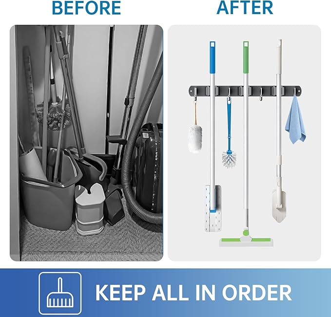 ZONGOOL 2 Pack Mop Broom Holder Wall Mount, Broom Organizer Storage Tool Racks Stainless Steel Self Adhesive Heavy Duty Hooks for Home Kitchen Garden (3 Racks with 4 Hooks, Black)