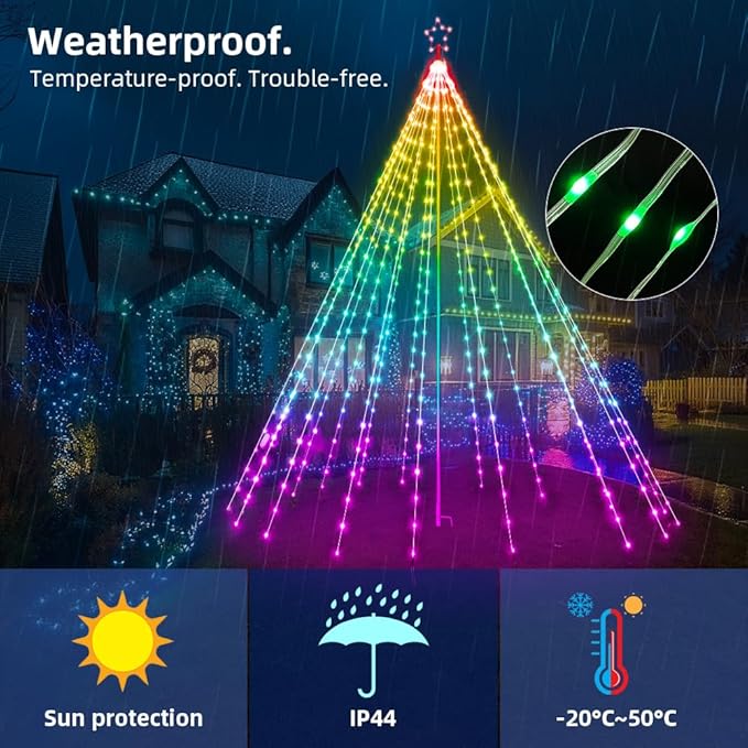 13.5ft,542 LEDs Smart Christmas Tree Lights Outdoor Pole set,App&Remote Control Large Waterfall String Lights,DIY RGB Colors,Music Sync,Timer,Waterproof Giant Tree Lights for Yard,Party,Xmas Decor