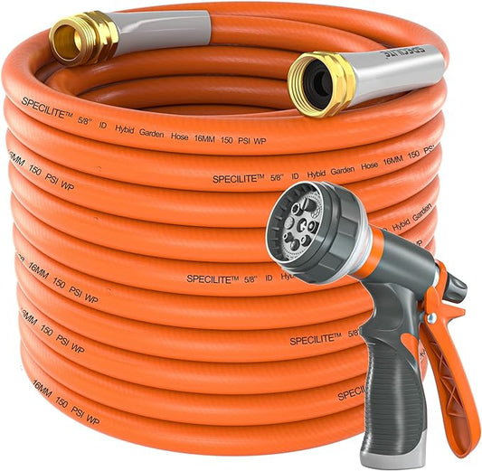 Garden Hose 50 ft x 5/8 in Heavy Duty, Flexible and Lightweight Water Hose, Burst 600 psi, Kink-less Hybrid Rubber Hose for Backyard, 3/4'' Brass Fittings