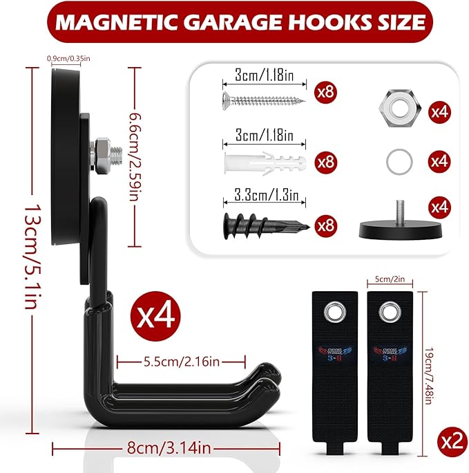 3-H Heavy Duty Magnet Garage Hooks 4 Pack, Large Strong Magnetic Hooks for Hanging Cordless Power Drill, Utility Magnetic Tool Holder for Metal Cabinet, Steel Pegboard, Toolbox, Garage(Black)