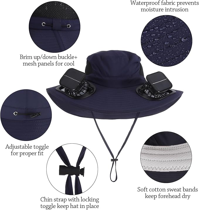 Wide Brim Solar Fan Outdoor Fishing Hat with 2 Solar Fan UPF 50+ Sun Bucket Hat Waterproof Breathable Fishing Hat Bucket Hat