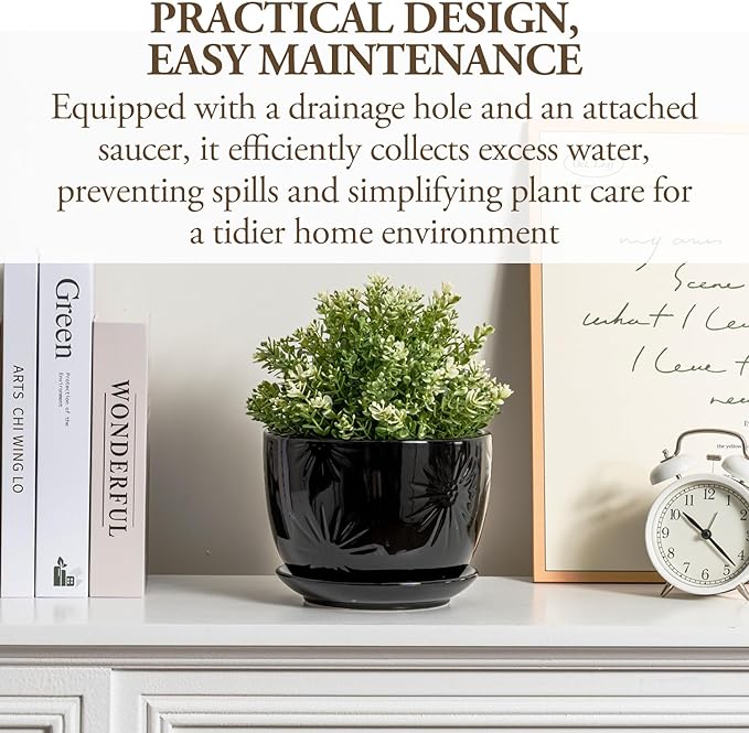MyGift 7 Inch Glossy Black Ceramic Plant Pot with Drainage Hole and Attached Saucer, Modern Decorative Embossed Sunburst Planter Container for Indoor Home Garden