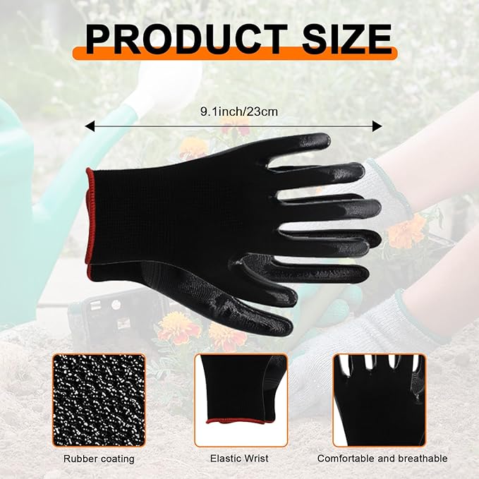 72 Pairs Gardening Work Gloves, Bulk Rubber Coated, Large, Black, 144 Count