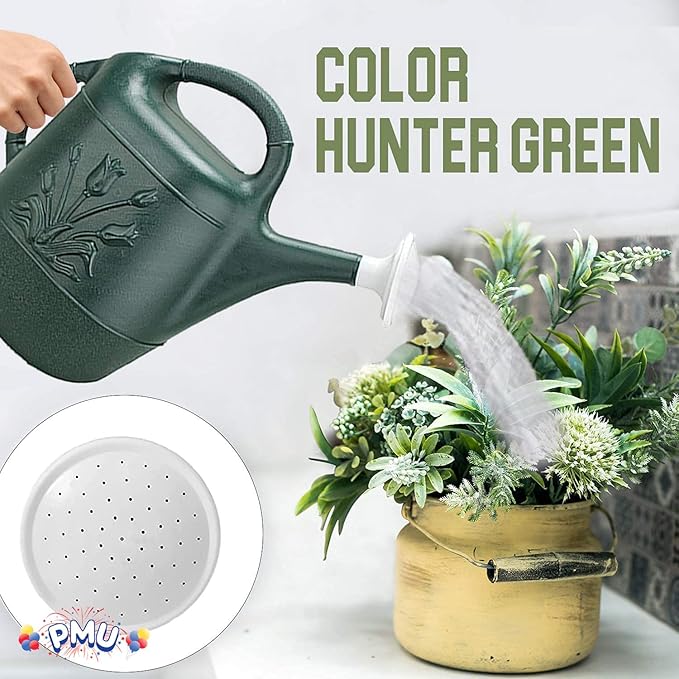 PMU 2 Gallon Watering Can - Garden Watering Can for Indoor & Outdoor Plants - Plastic Water Can with Detachable Sprinkler Head - Large Water Pot, Made in USA - Hunter Green Pkg/1