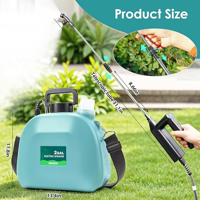 Battery Powered Sprayer 2 Gallon, 2025 Upgraded Electric Weed Sprayer with 3 Spray Forces, Battery Indicator, Rechargeable Handle,4 Mist Nozzles,23.6" Retractable Wand,Shoulder Strap, for Lawn&Garden