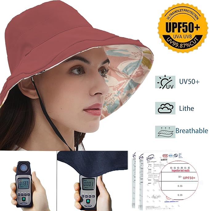 vidsel Womens Sun Hats Wide Brim Reversible Bucket Cotton Hat Packable Summer Travel Cap with Hat Clip,UV Protection