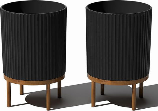 Veradek Demi Series Round Planter w/Stand for Porch/Patio | Durable Plastic-Stone Composite & Wooden Stand | Modern Décor for Tall Plants, Flowers