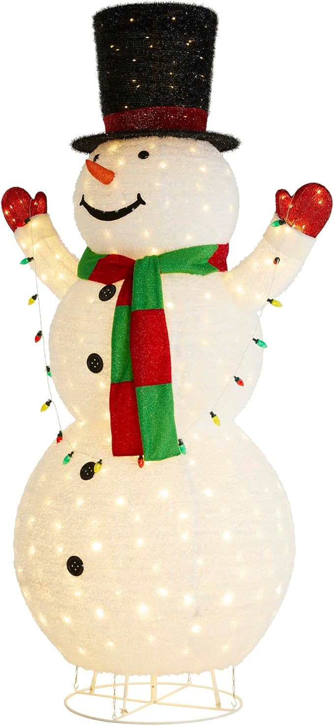 Glitzhome 8FT Giant Lighted Christmas Snowman, Large Foldable White Outdoor 3D Christmas Holiday Snowman Decoration w/ 430 LED Lights, Hat, Scarf, Multicolored Lights