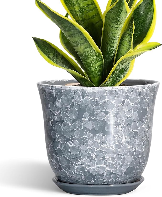 Ceramic Plant Pots - 8 Inch Plant Pot with Drainage Hole and Saucer, Round Planter for Indoor Outdoor, Modern Flower Pots, Decorative Planters, Home Room Office Decor, Gardening Gifts, Grey