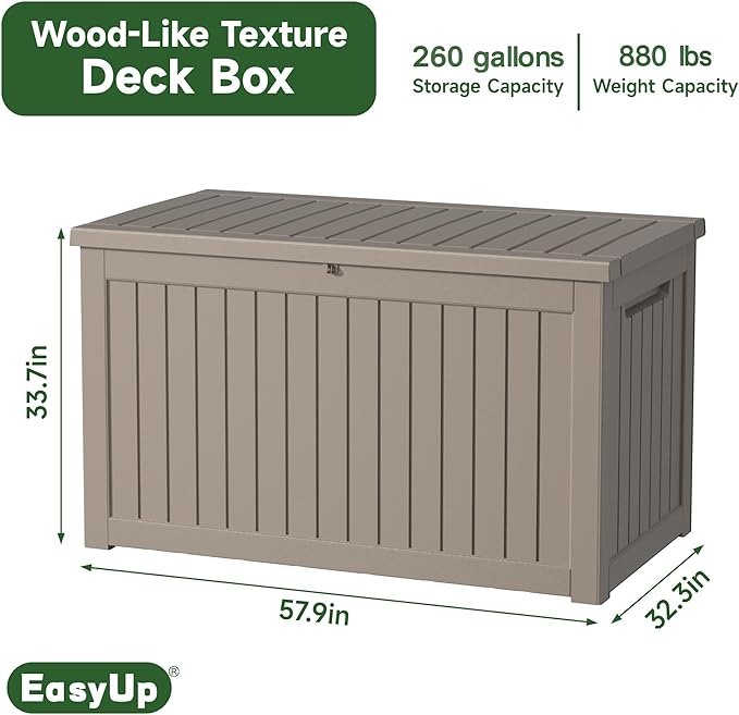 EasyUp 260 Gallon Deck Box Waterproof, UV Resistant Resin Outdoor Storage Box with Hydraulic Rod, Lockable Design and Enhanced Durability for Patio, Garden, and Poolside Use