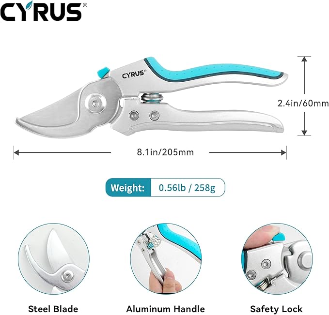 CYRUS Pruning Shears, 8" Pruning Shears Professional Steel Blades with Bypass Edge for Cutting Branches and Twigs up to 24mm in Diameter, Tool for Pruning Garden Branches and Potted Plants (00317)