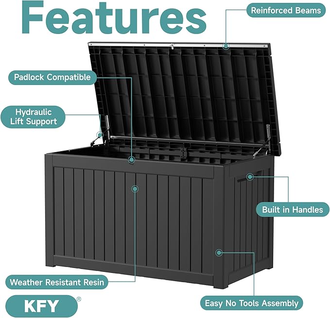 230 Gallon Waterproof Outdoor Storage Box, UV Resistant Resin Deck Box with Hydraulic Rod for Reinforced Stability, Perfect for Patio, Garden, and Pool, Striped Black