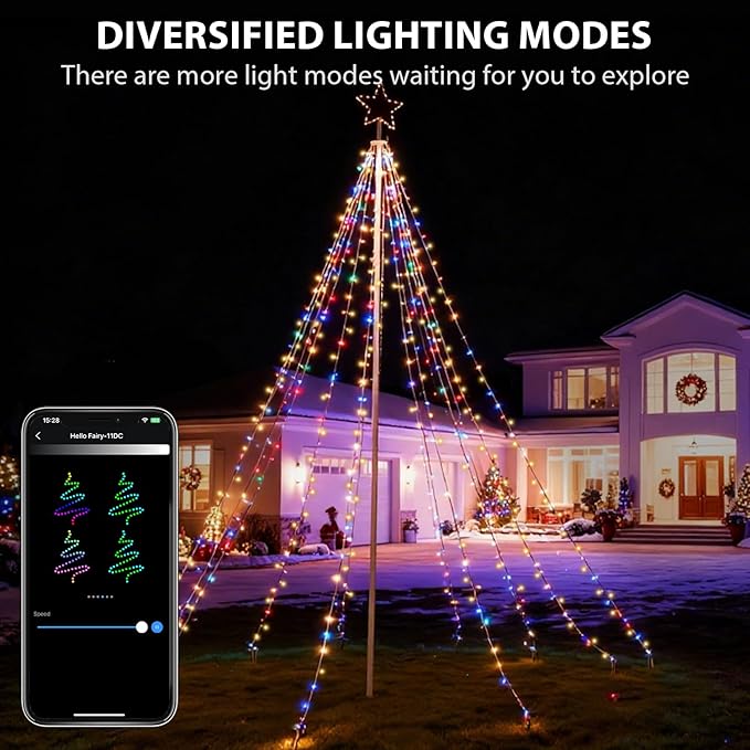 12FT 740LEDs Smart Outdoor Christmas Tree Lights With Sturdy Iron Pole, App Control DIY Color Changing, Music Sync, Timer, 100+ Modes Waterproof Large Star Waterfall Light for Outside Yard Lawn Decor