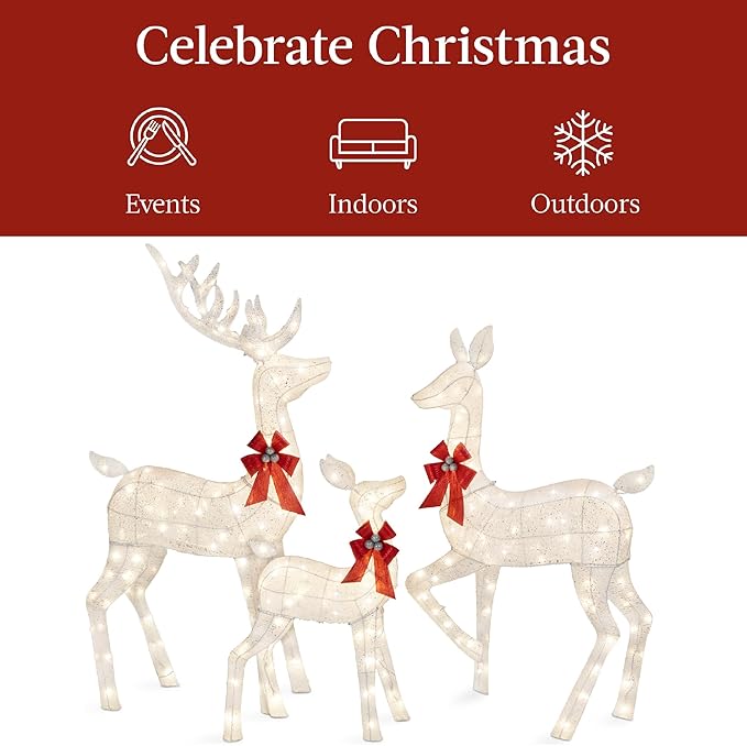 Best Choice Products 3-Piece Large Lighted Christmas Deer Family Set 6.5ft Outdoor Yard Decoration with 385 LED Lights, Stakes, Zip Ties - White