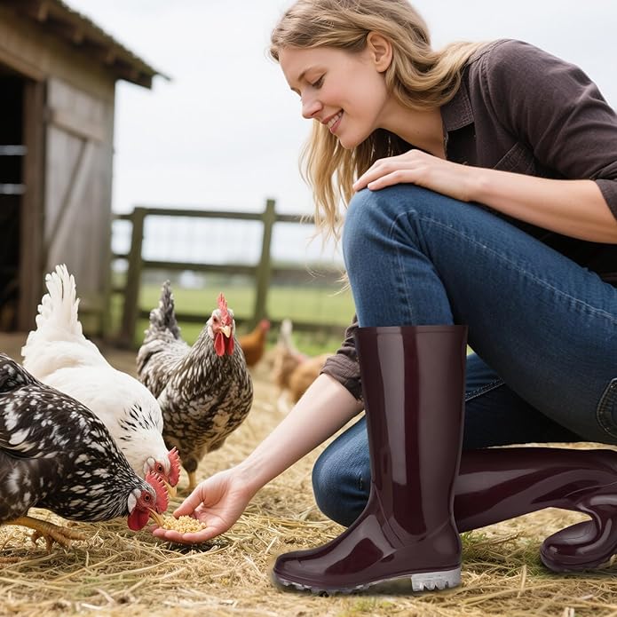 DaeRainy Tall Rain Boots for Women, Knee High Waterproof Slip On Garden Boots