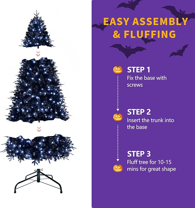 7FT PreLit Black Christmas Tree with 450 Lights, Artificial Fake Christmas Tree with 1916 PE&PVC Branch Tips, Halloween and Xmas Tree for Holiday Decorations, Metal Stand and Hinged Branches