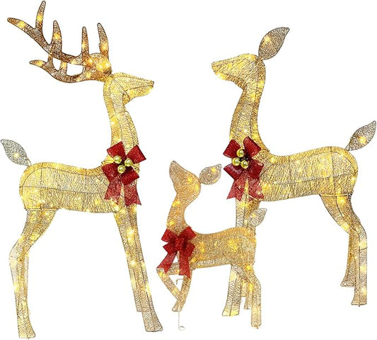4ft Outdoor Lighted Reindeer Christmas Decorations, 3-Piece Reindeer Family Set with 240 LEDs, Bells, Red Bows, Durable Weatherproof Metal Frame for Yard, Garden, Indoor Holiday Decor, Gold