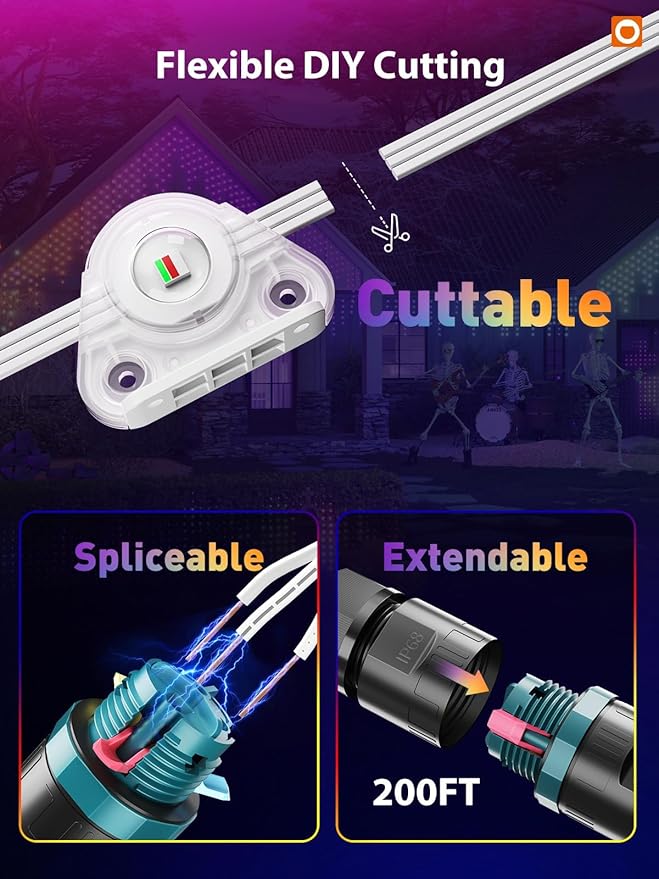 addlon 200FT Permanent Outdoor Lights, Cuttable & Extendable Smart RGB+IC LED Lights for House & Outdoor, App & Remote Control, IP67 Waterproof for Christmas, Holiday, Party, Halloween Decorations