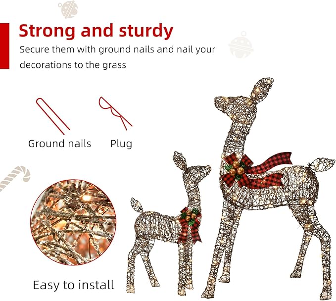 Outdoor Christmas Decorations Rattan Reindeer Family - Light Up Rattan Deer 3 Set with 210 LED Lights - Outside Yard Decor Kit Including Lighted 3-Piece Deer, Stakes - Brown