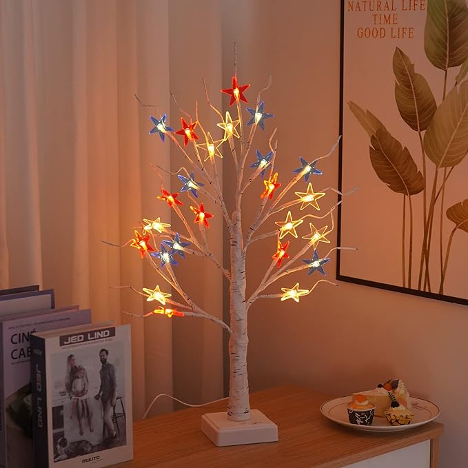 4th of July Patriotic Decorative DIY Artificial Tree Lamp, 24 LED Birch Tree Lights, Battery/USB Operated Fourth of July Independence Day Lighted Tree for Home Table Party Decor（Colorful）