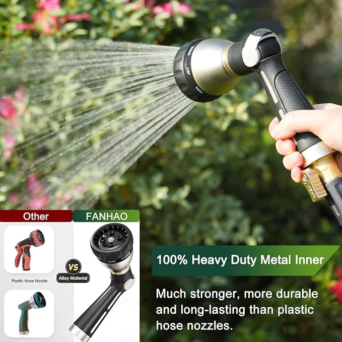 FANHAO Garden Hose Nozzle 100% Heavy Duty Metal, Water Hose Sprayer High Pressure with 8 Spray Patterns, Thumb Control, On Off Valve for Garden Watering, Car and Pet Washing