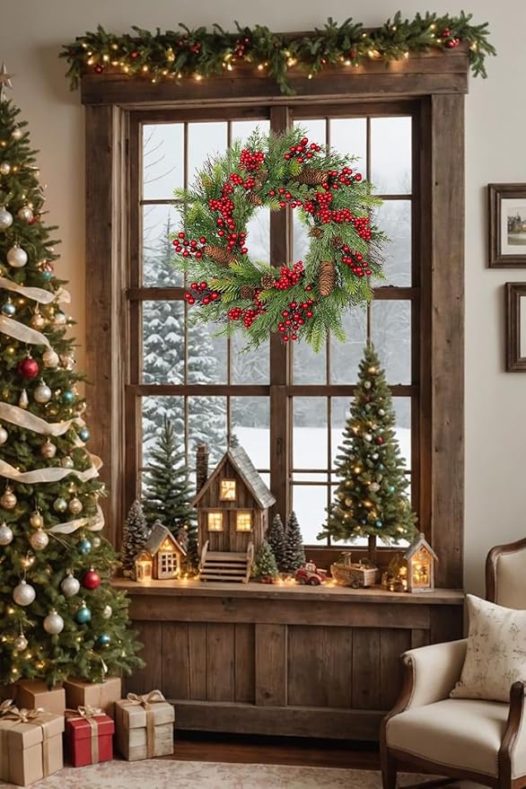20 inch Christmas Wreath, Christmas Wreath for Front Door Christmas Door Wreaths with Red Berries Pine Cones Cedar Leaves Aritificial Wreath for Christmas Indoor Outdoor Decorations