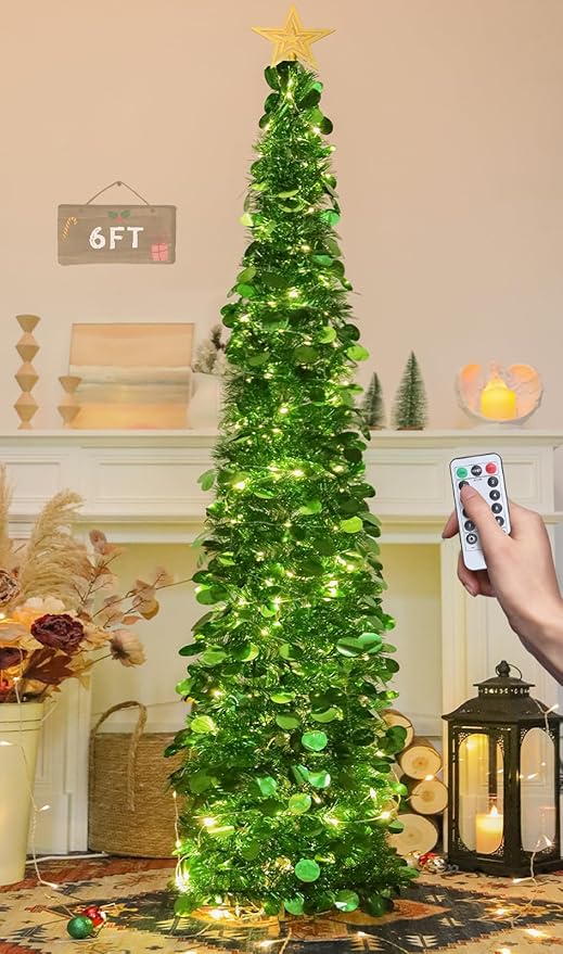 HMASYO 6 FT Pop Up Christmas Tree with 100 LED Lights & Remote, Green Christmas Tinsel Tree, Collapsible Artificial Pencil Tree for Home Office Party Decor, USB Powered Timer Lights, Easy Assembly