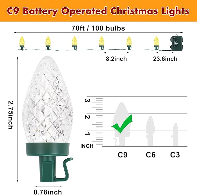 Brightever C9 LED Christmas String Lights, 70FT 100LED Battery Operated Christmas Lights With Timer & 8 Lighting Modes, Strawberry String Lights for Xmas Trees, Wreaths, Decoration, Warm White, 1-Pack