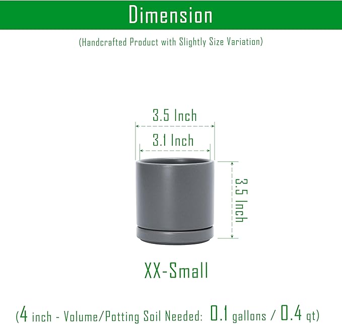 D'vine Dev Set of 4 Small Ceramic Plant Pots, 3.5 Inch Succulent Planter Pot for Plants with Drainage Hole and Saucer, Grey, 94-X-A-3