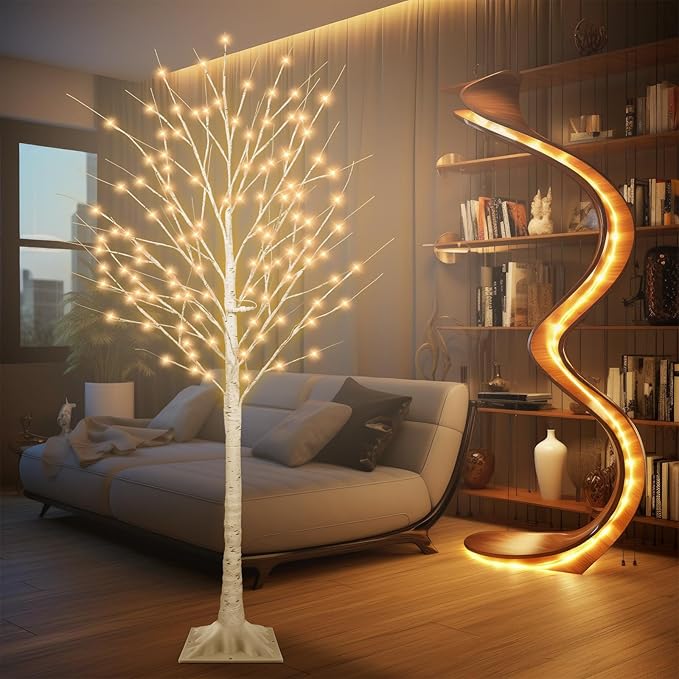 6FT Lighted Birch Tree with 130 LED Warm White and Multicolor Lights, 8 Modes, Timer Remote Faux Prelit Twig Christmas Tree with Lights for Indoor Outdoor Xmas Holiday Party Decoration