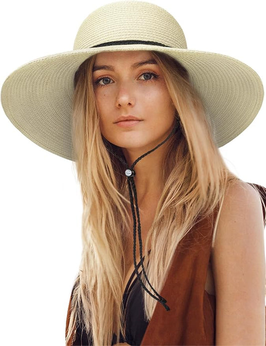 Senker Fashion Sun Hats for Women, Wind Lanyard Wide Brim Straw Hat for Summer Beach Garden Vacation Foldable UPF 50+
