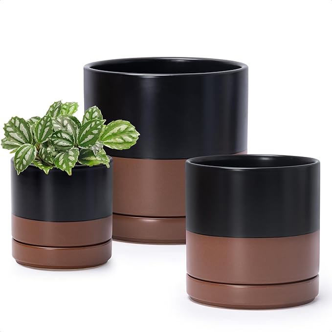 D'vine Dev 4 Inch & 6 Inch & 8 Inch, Set of 3 Round Ceramic Planter Pot with Drainage Hole and Saucer, Black/Speckled Tan, 94-T-M-7
