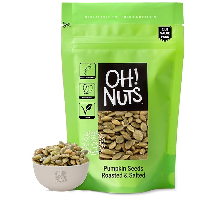 Oh! Nuts Pumpkin Seeds - Roasted Salted - 2 lb - No Shell Pepitas - Packed in New York Zip-Seal Bag for Exceptional Freshness