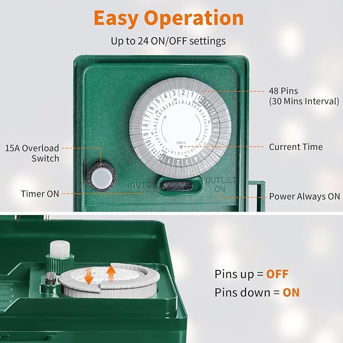 SURAIELEC Outdoor Power Stake Timer, 24-Hour Mechanical Light Timer, Electrical Power Strip Weatherproof, 6FT Extension Cord Multiple Outlet Plug for Patio Lights, Christmas Decorations, ETL Listed