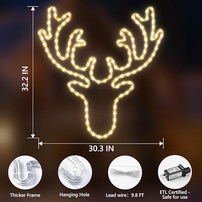 Christmas 32'' Large Reindeer Lights Decoration - 134LED Waterproof Christmas Outdoor Lighted Large Elk Sign for Wall Decor with Timer for Outdoor Home Party Wall Hanging Light