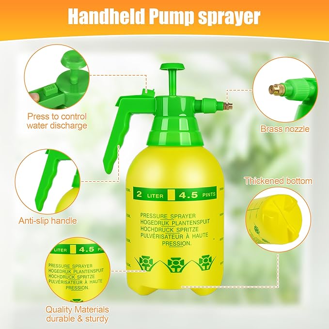 4 Pcs 1/2 Gallon Plastic Handheld Pump Sprayer – Garden Pressure Sprayer Bottle with Adjustable Nozzle for Plants, Cleaning, Household Tasks – White & Yellow