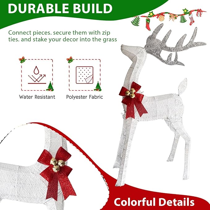 4ft Outdoor Lighted 3D Reindeer Christmas Decorations, 3-Piece Reindeer Family Set with 240 LEDs, Bells, Red Bows, Durable All-Weather Metal Frame for Yard, Garden, Indoor Holiday Decor