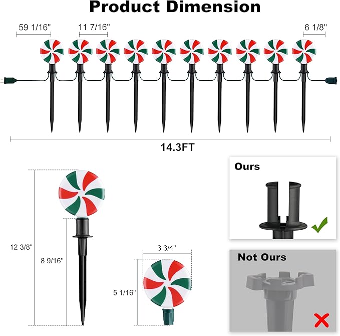 Ultimate Unicorn Christmas Lollipop Pathway Lights for Garden Christmas Decoration Red and Green, 10 LED Peppermint String Lights with Stakes for Outdoor Sidewalk Pathway Rooftop Lawn Garden