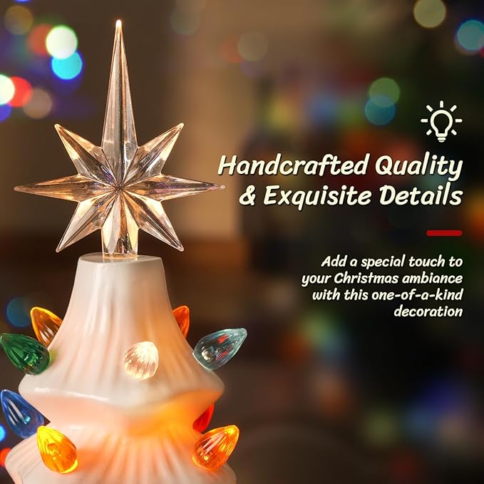 Lakumu 16.5" Table Top Christmas Tree, Hand Painted Resin Christmas Tree with Lights, Pre-lit Xmas Tree Decor Lighted Tabletop Decoration with Multicolored LED Bulbs, Ceramic-Like Finish, White