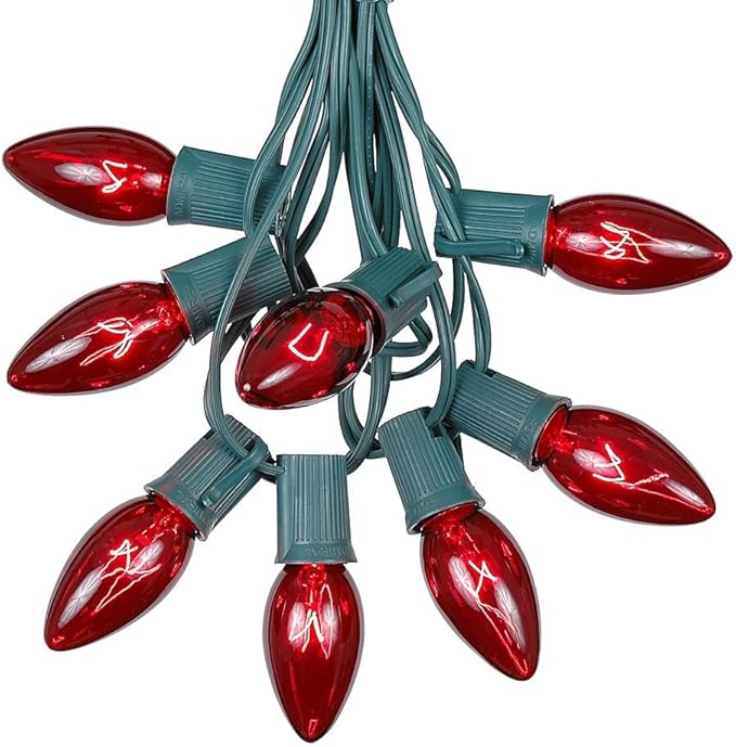 C9 Red Christmas Lights Set - Indoor/Outdoor Christmas Light String - Christmas Tree Lights - Hanging Christmas Lights - Roofline Light String - Outdoor Patio String Lights - Green Wire - 25 Foot