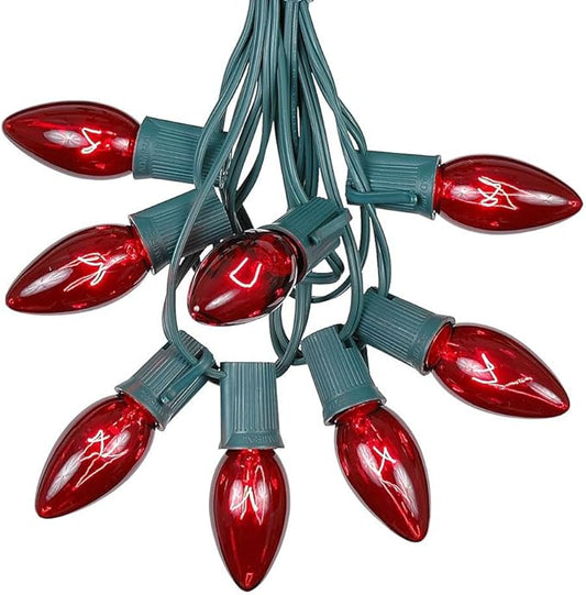 C9 Red Christmas Lights Set - Indoor/Outdoor Christmas Light String - Christmas Tree Lights - Hanging Christmas Lights - Roofline Light String - Outdoor Patio String Lights - Green Wire - 25 Foot
